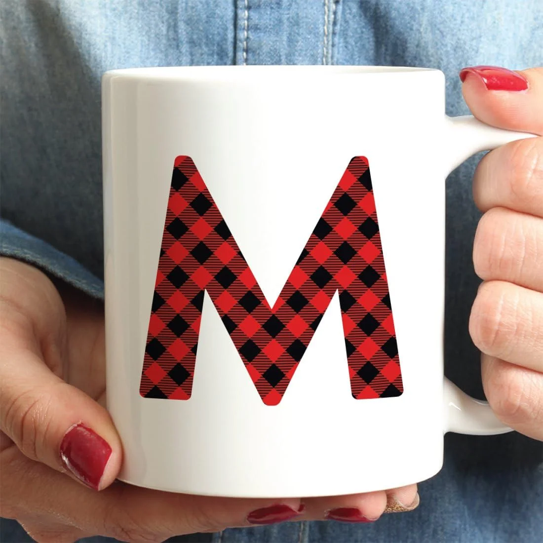 Hot Chocolate Coffee Mug Gift, Buffalo Lumberjack Red Plaid Initial Letter M, 1-Pack, Includes Gift Box, Christmas Holiday Present Ideas