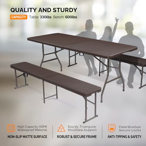 VINGLI Picnic Table Set with 2 Benches, 6 Feet Camping Table Chair Set,3-Piece Folding Furniture for Indoor or Outdoor Use, Smooth Tabletop, White