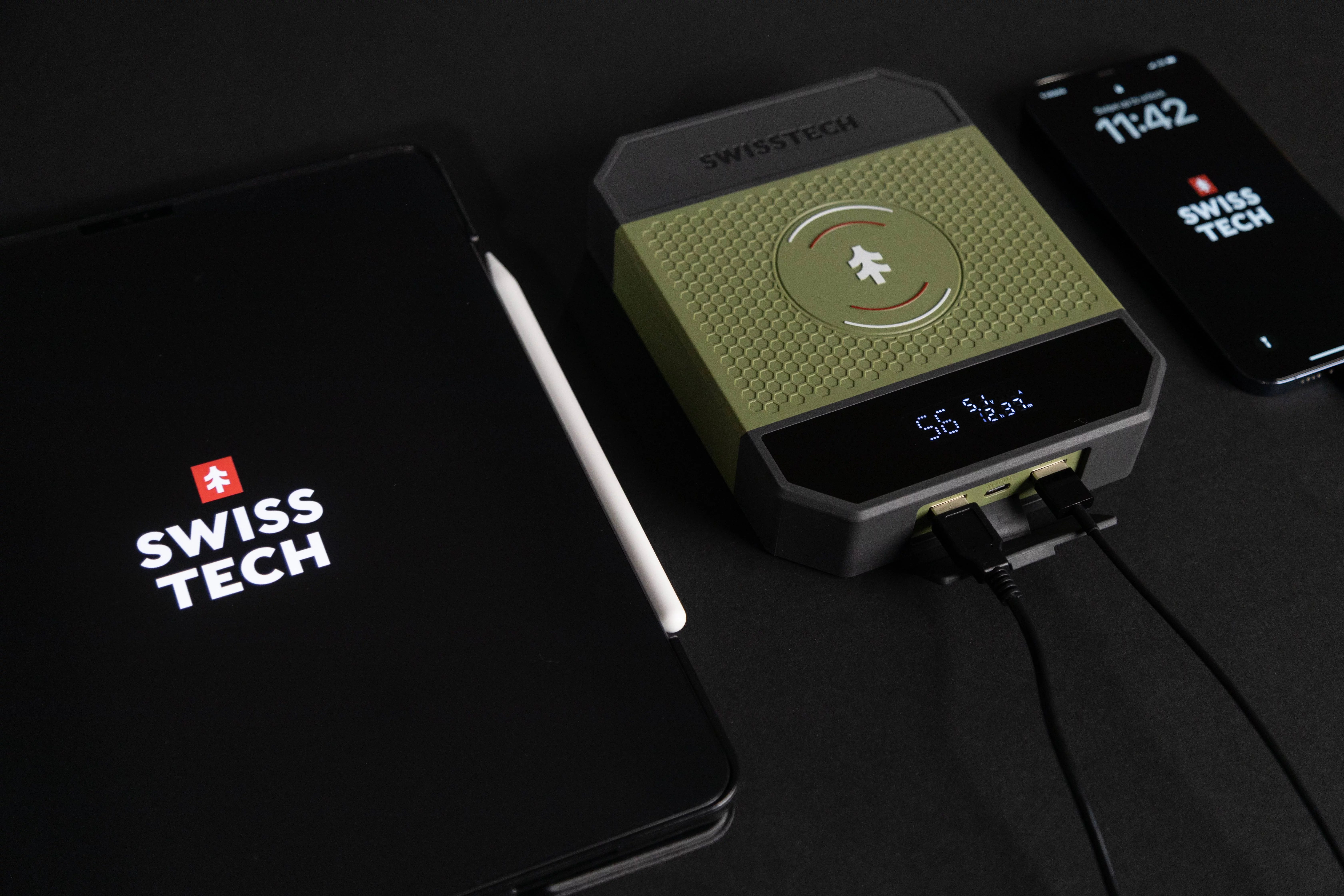 Swiss Tech 40000 mAh Wireless Power Bank with Charging Pad and 65W Fast Charge, IP54 Weatherproof