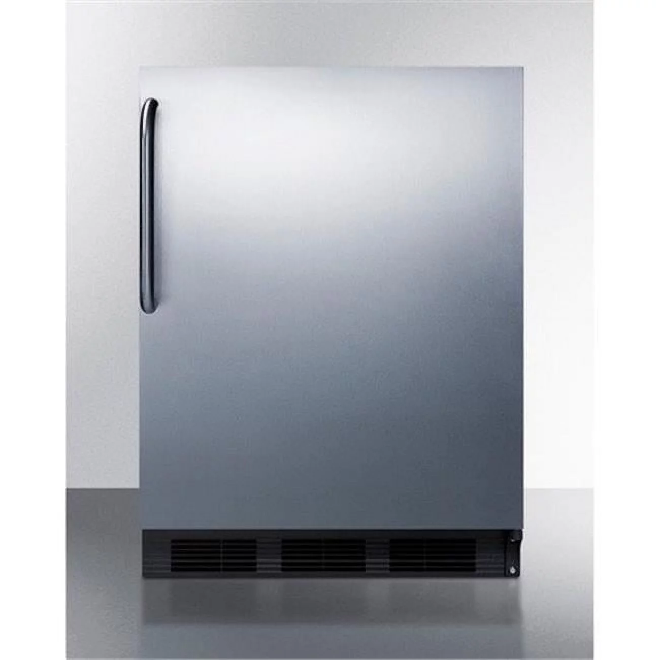 Commercially listed freestanding all-refrigerator for general purpose use, auto defrost w/stainless steel wrapped door, towel bar handle, and black cabinet