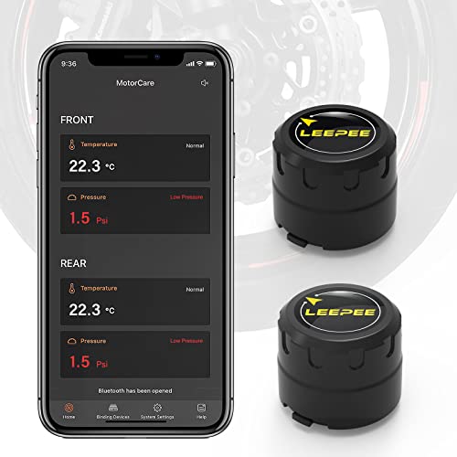leepee Motorcycle Tire Pressure Monitoring System, Tire Pressure and Temperature Alarm, Wireless Motorcycle TPMS with 2 External Sensors, Support iOS and Android, Valves for Vehicle Tires