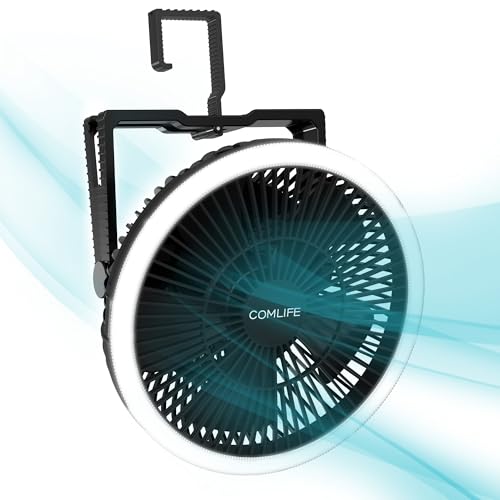 8-Inch Portable Camping Fan with LED Lantern, 10000mAh Rechargeable Battery Operated Tent Fan, 3 Speeds Table Fan with Light & Hook for Camping RV Travel Jobsite Hurricane Power Outage