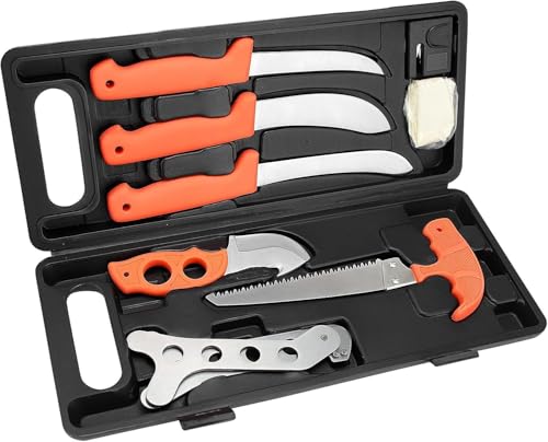NEW VIEW Deer Processing Hunting Knife Set, 9-Piece Game Field Dressing Kit Gifts for Men, Includes Skinning Boning Butcher Knives, Gut Hook, Bone Saw, Rib Spreader, Sharpener, Gloves, Case