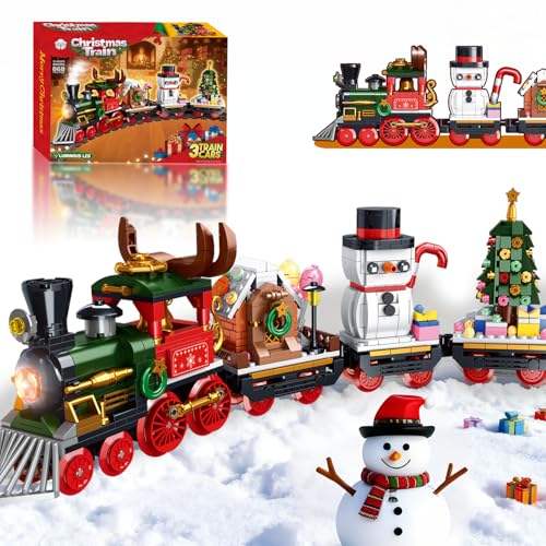 Christmas Train Building Toys Set with LED Light - 868pcs Model with Moving Coupling Rods & Working Wheels, Gingerbread House, Snowman and Tree Carriages, Holiday Decor Xmas Ideas for Kids Boys Girls