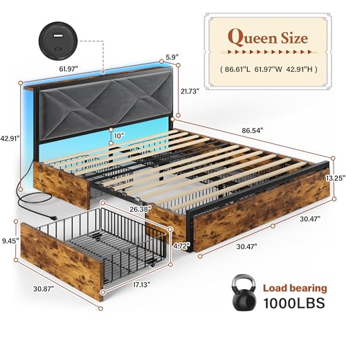 EnHomee Queen Bed Frame with 6 Storage Drawers and LED Lights, Bed Frame Queen Size with Upholstered Headboard Built in Charging Station,Noise-Free,Easy Assembly, Vintage Brown