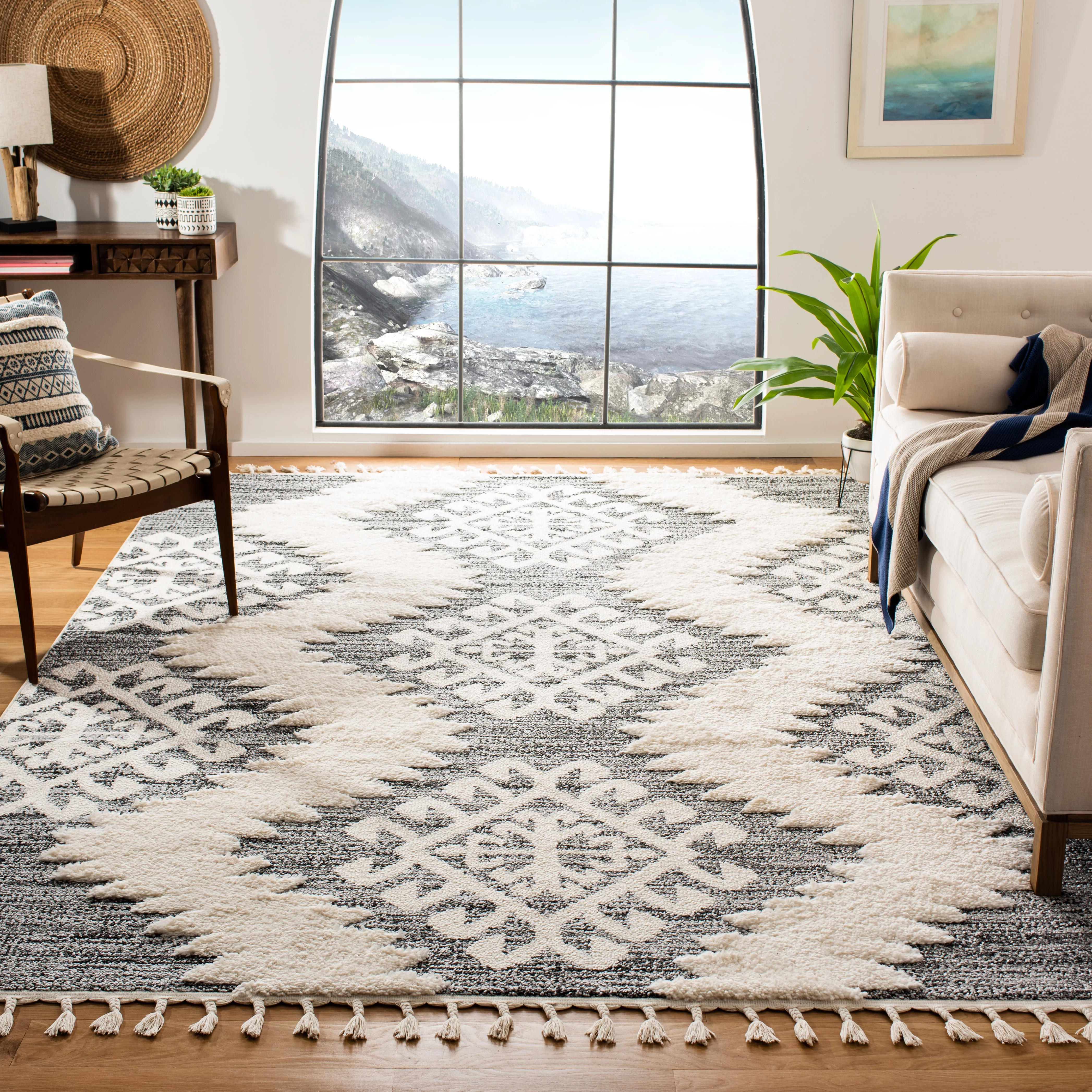 SAFAVIEH Moroccan Tassel Shag Desmond Area Rug, Ivory/Grey, 9' x 12'