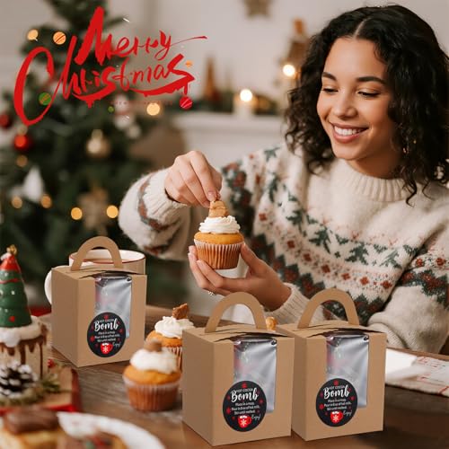 100 Set Christmas Hot Cocoa Bomb Packaging Kit Individual Christmas Cupcake Boxes with Window Insert Handle Muffin Pastry Containers Xmas Cupcake Cookie Gift Box
