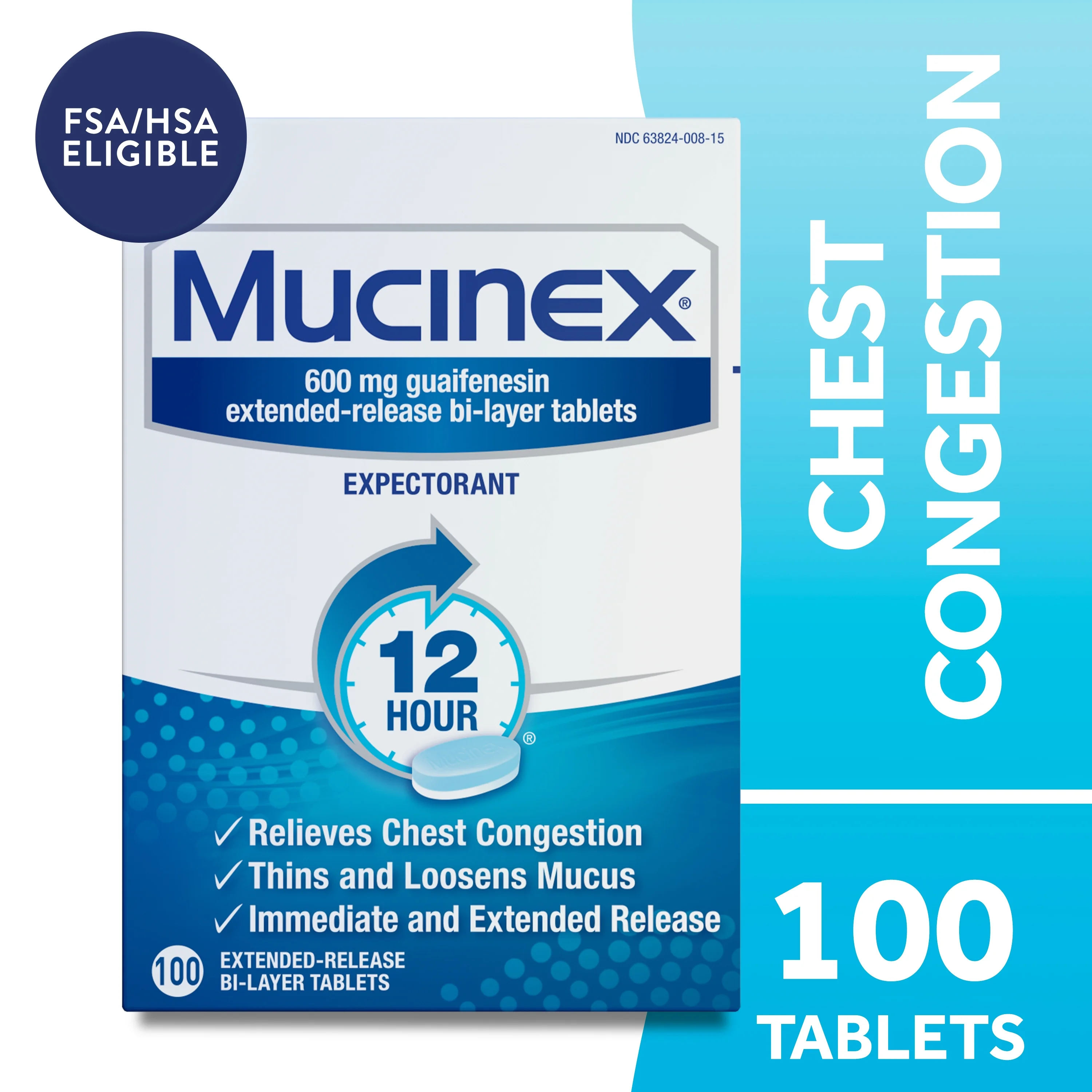 Mucinex 12 Hour Relief, Chest Congestion & Excess Mucus Relief, 100 Tablets