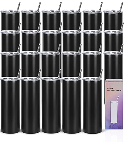 20 Oz Stainless Steel Straight Skinny Tumbler Set (8 Pack), Insulated Slim Thin Travel Cup with Lid, Black