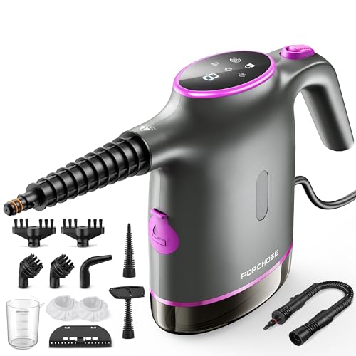 POPCHOSE Handheld Steam Cleaner for Home, Portable Pressurized Steamer for Cleaning Grout, Surfaces, Bathroom, Couch, 20S Fast Heat Up, 12 Accessories, Steam Adjustable, Safety Lock, Graypurple