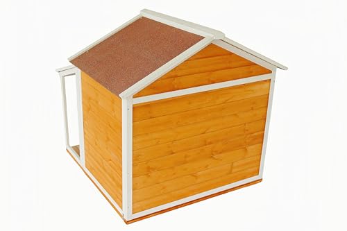 Indoor-Outdoor Wooden Dog House, Porch, Asphalt Roof, Plastic Door Curtain, Ventilation Windows, Brown, Weatherproof, Small to Medium Dog, Puppy Kennel