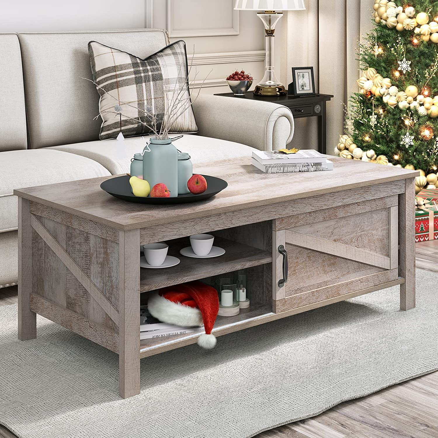 DEXTRUS Coffee Table with Storage, Farmhouse Wood Sofa Center Table with Sliding Door and Adjustable Shelf for Living Room Home Office, Gray