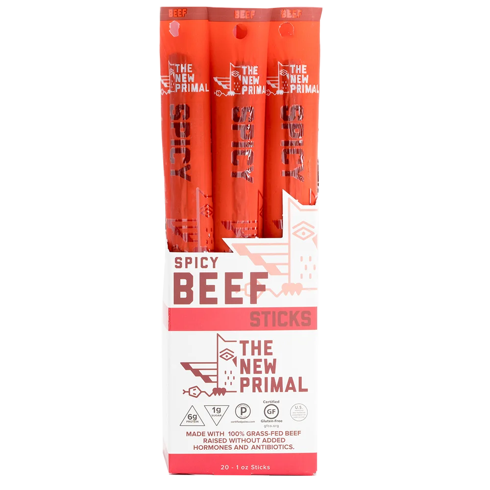 The New Primal Beef Jerky Sticks, Spicy, 1 oz (Pack of 20)