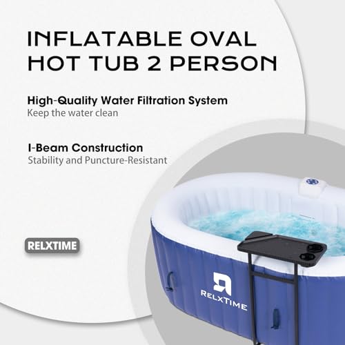 Oval Inflatable Hot Tub 2 Person, 100 Air Jets Portable Spa with Built-in Heater, Outdoor Blow Up Hottub for Relaxation, Drink Tray, 2 Filters, Blue