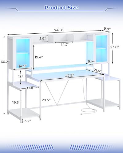 SEDETA Gaming Desk 74.8'' with LED Lights, Hutch and Storage Shelves, Computer Desk with Monitor Stand, Large PC Gamer Desk Workstation, Ergonomic Gaming Table for Bedroom, Living Room, White