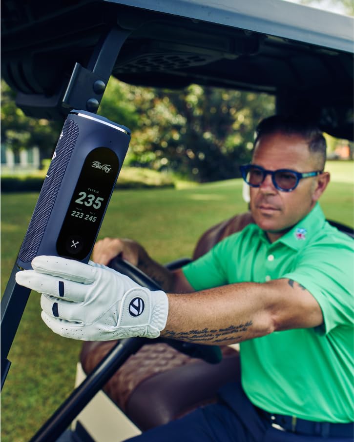 Blue Tees Golf Player+ GPS Speaker with Touch Screen Display, 10+ Hours Battery, 40,000+ Courses, Visual + Audible Distance, Hazard Distance - IPX7 Waterproof (Navy)
