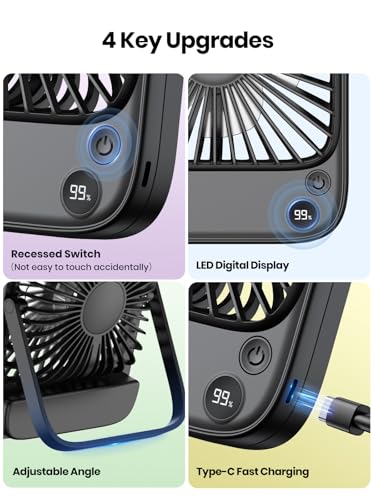 TOPK 2 Pack 5000mAh Portable Desk Fan, Ultra-thin Strong Wind Digital Display 4 Speeds Adjustable Small Quiet Battery Powered Personal Travel Fan for Bedroom, Office, Cruise, Library, Outdoor