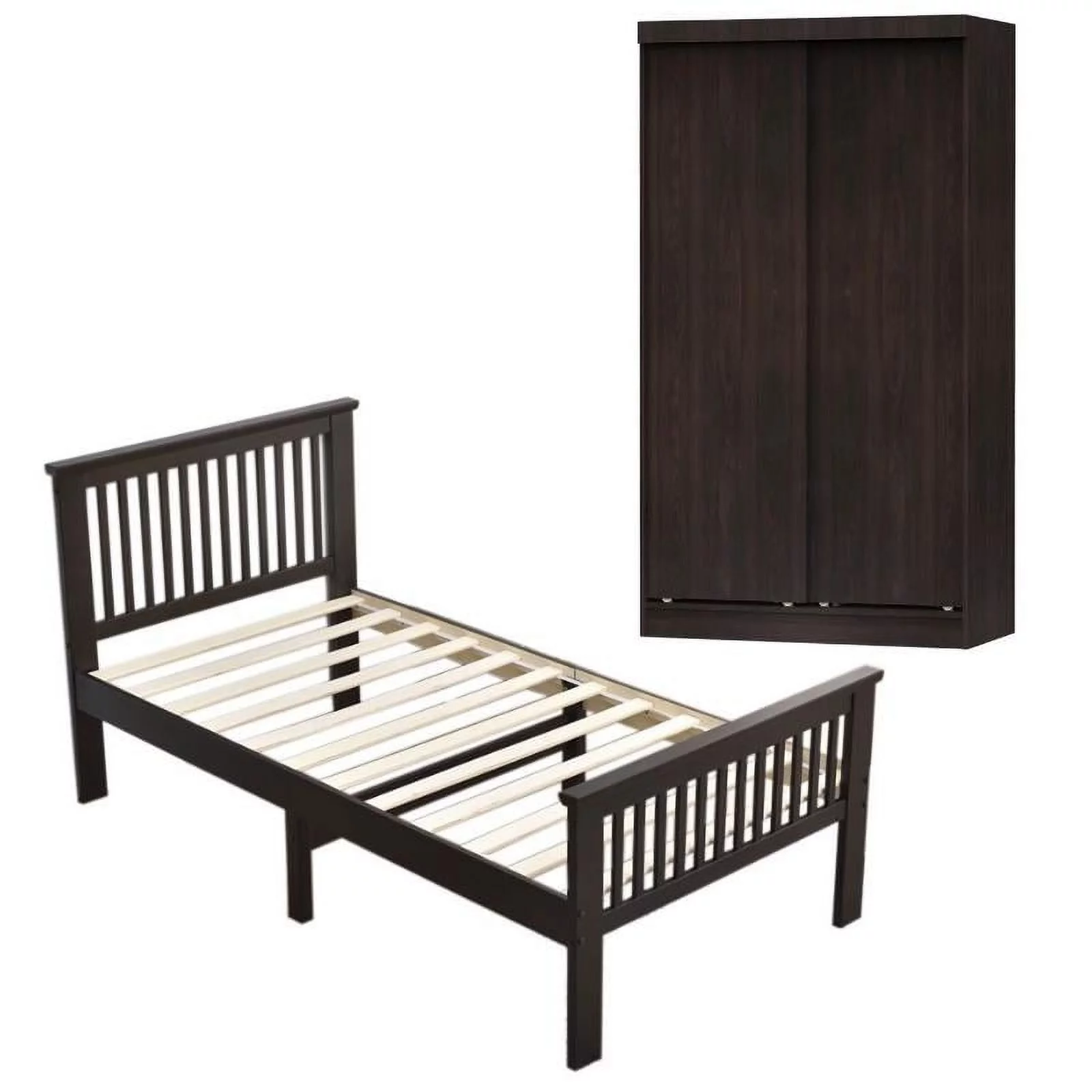 Home Square 2-Piece Set with Double Sliding Door Wardrobe & Platform Twin Bed