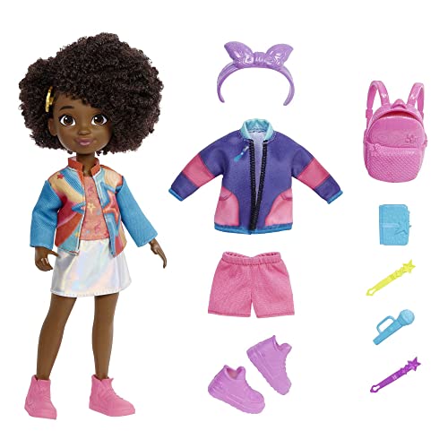 Mattel Karma's World Fashion Pack with Karma Grant Doll, Clothes & Accessories, From School to Stage Set with 14 Pieces, Dark Brown Hair