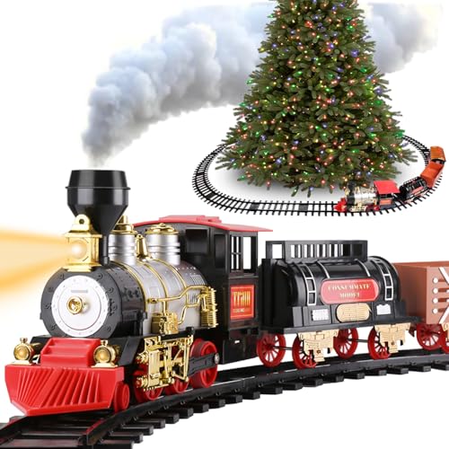 Classical Christmas Train Set for Under The Tree with Real Smoke, Lights and Sounds, Large Train Cars Big Tracks Train Sets for Around Christmas Tree