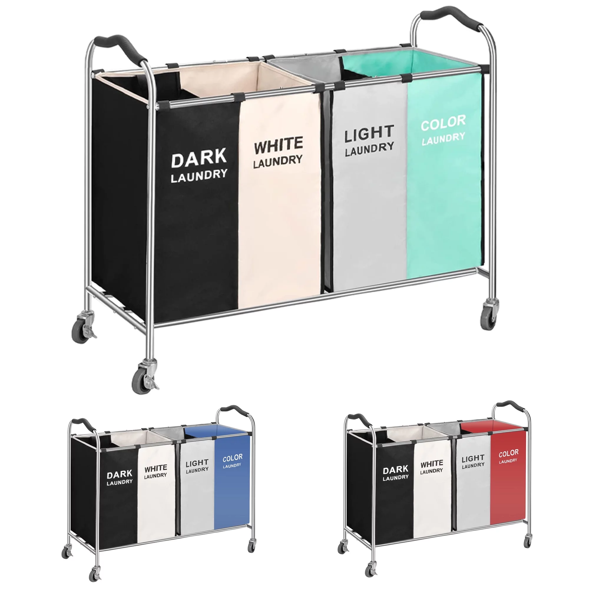 4 Section Laundry Cart Basket Bin, 320L Dirty Clothes Hamper Sorter Storage with Wheels, Large Laundry Organizer in Bathroom, Laundry Room & Closet, 16 x 30 x 40 Inch