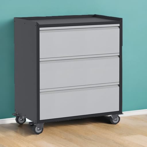 Aobabo Steel Wheeled Lockable Tool Box Supply Cabinet Organizer with Drawer, Adjustable Storage Shelves for Home, Office, and Garage, Black/Gray