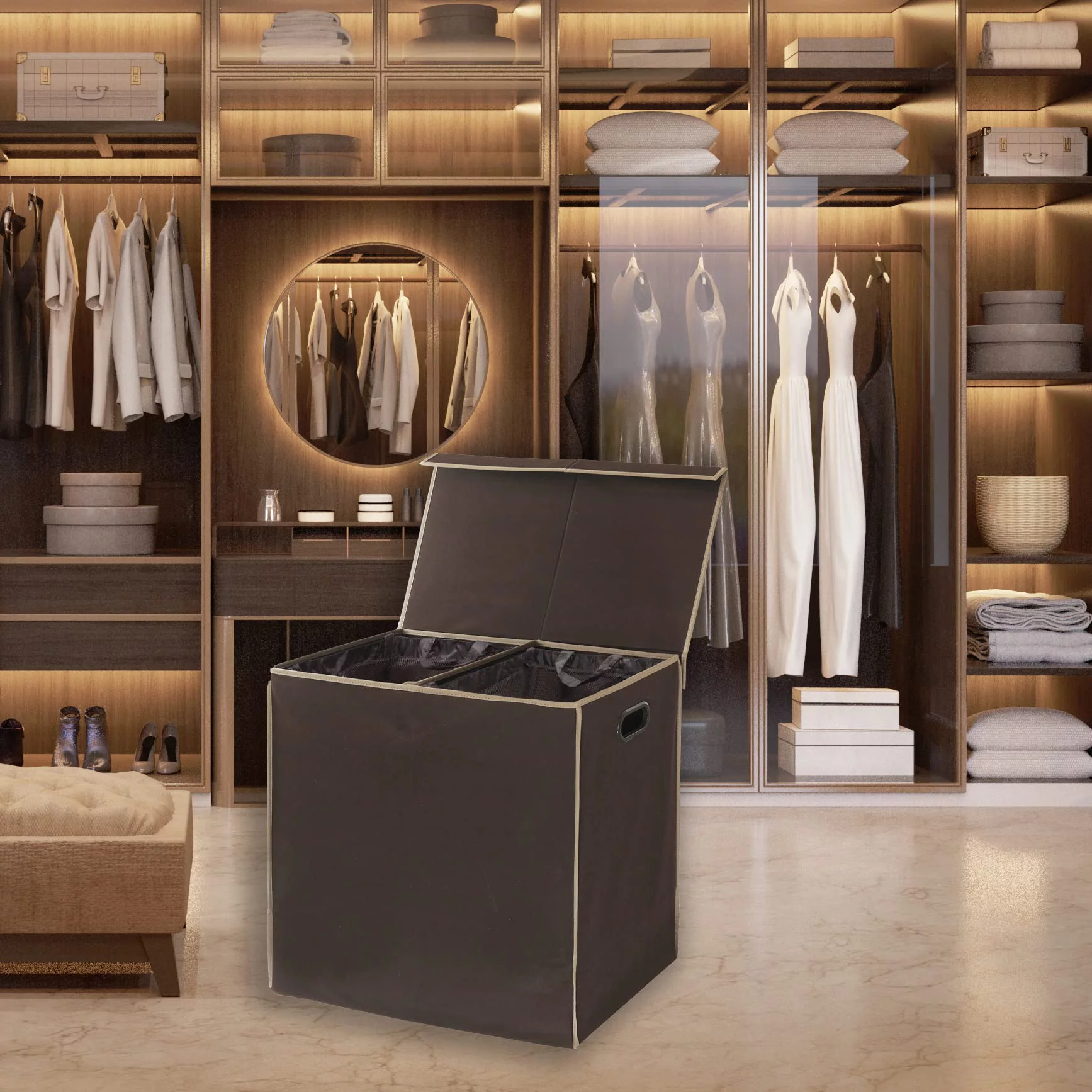 SimpleHouseware Double Laundry Hamper with Lid and Removable Laundry Bags, Brown