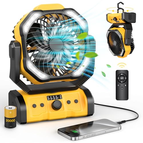 Portable Rechargeable Camping Fan - 20000mAh Cordless Battery Powered Tent Fans with LED Lantern, Remote Auto Oscillating USB C Table Operated Ventilador for Travel Outdoor Beach