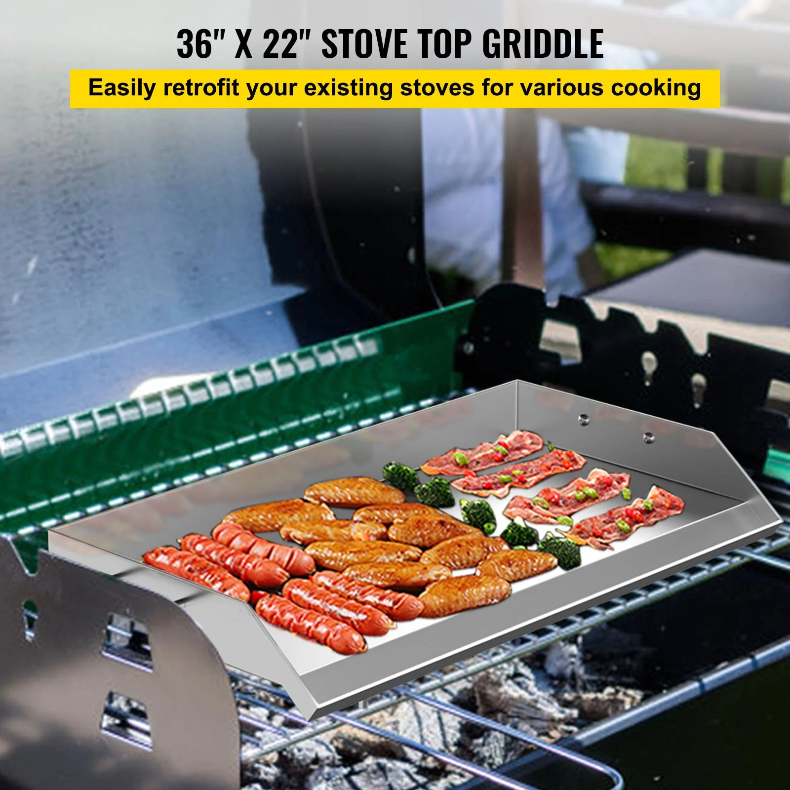 36x22 Stainless Steel Griddle - Universal Flat Top BBQ Plate with Handles and Grease Groove for Camping and Parties
