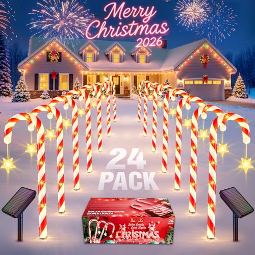 Solar Christmas Lights Outdoor Decorations: 24-Pack Candy Cane Pathway Lights with 10 Modes - Unique Xmas Gifts for Mom Women - Waterproof Decorative Christmas Yard Stakes for Holiday Garden Decor