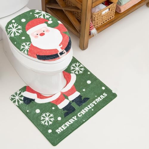 2pcs Christmas Bathroom Rugs with Xmas Toilet Seat Cover Non Slip Rug Toilet Mast for Bathroom U Shaped for Christmas Indoor Home Decoration