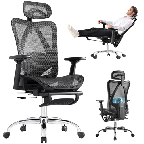 Ergonomic Office Chair, 3-Level Tilt Backrest, 3D Headrest, 3D Armrest and Retractable Footrest, Mesh Breathable SGS Class 4 Gas Clylinder, Black