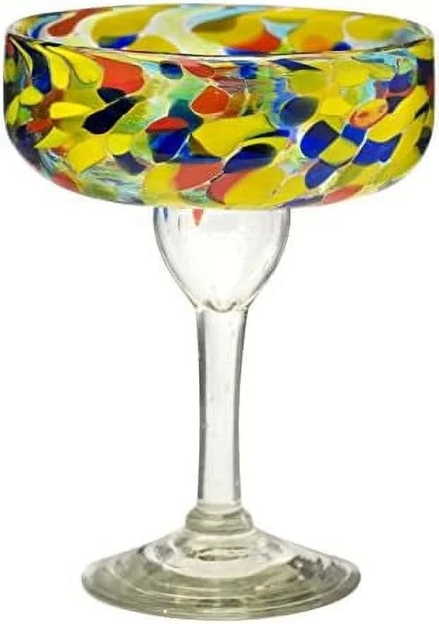 Carnaval Margarita Glass | Set Of 4 | Authentic Mexican Handmade Glassware | Imbedded Opaque Beads | Bar Glasses For Pina Coladas And Other Cocktails | 15 Oz