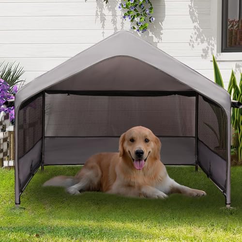 Dog Tent Outdoor, Extra Large Dog House Outside, Big Dog Shade Shelter Waterproof Weatherproof Doghouse Canopy with Ground Nails, Sun Rain Cover for Pet Cat Livestock, 4'x 4'x 3.3', Gray