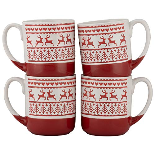 10 Strawberry Street Embossed Reindeer Ceramic Mug, Set of 4 (Red), S4MUG-XMAS