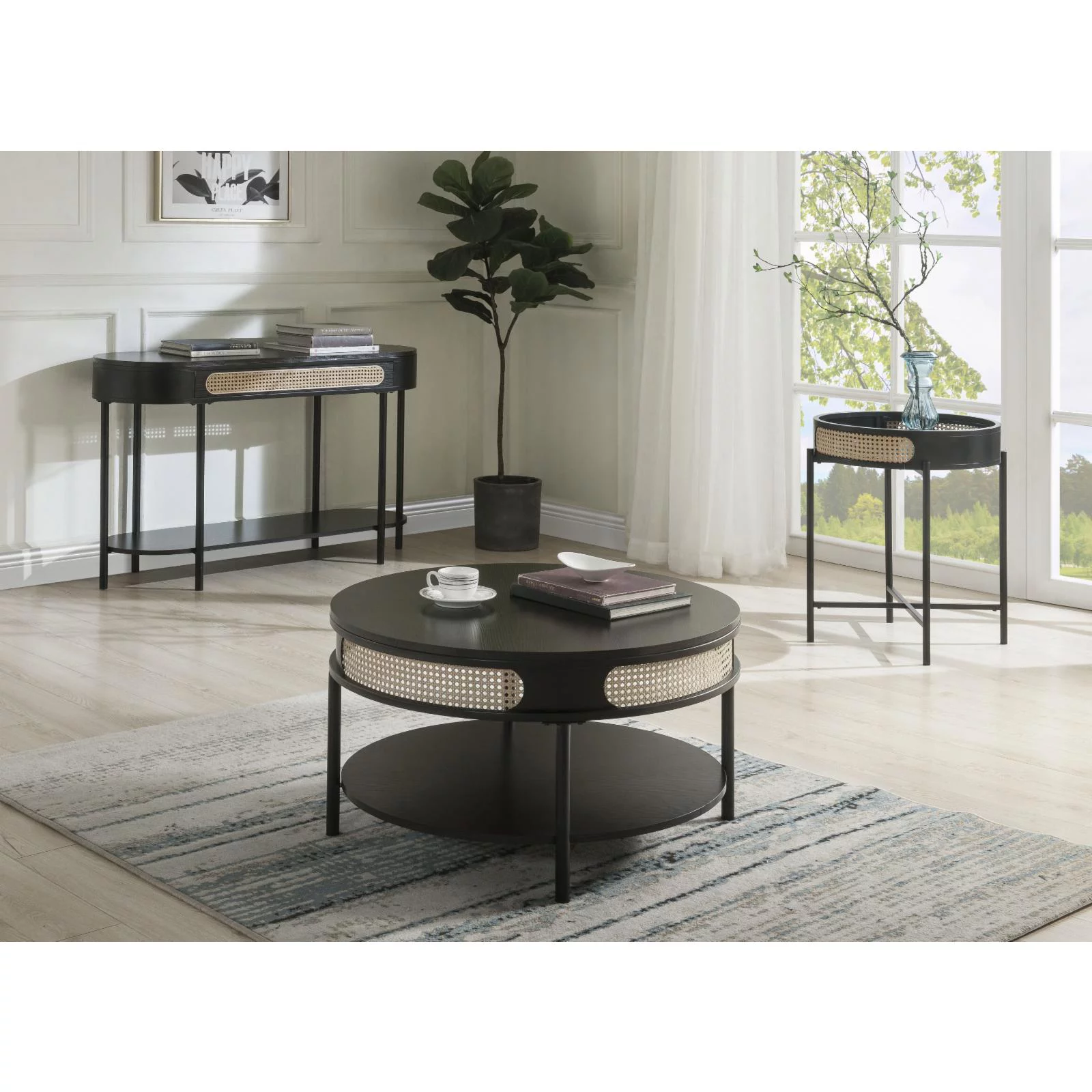 ACME Colson Round Wood Top Coffee Table with Bottom Shelf in Black