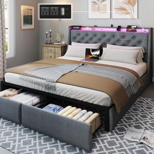 Queen Bed Frame with Storage Headboard and 4 Drawer, Metal Platform Bed Frame Queen Size with LED Light, Charging Station, No Box Spring Needed, Noise Free, Easy Assembly, Grey