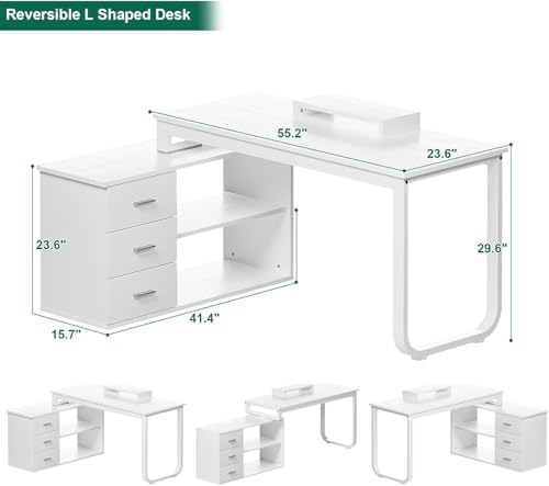 55 Inch Reversible L Shaped Computer Desk with 3 Drawers, Corner Desk with Storage Shelves and Removable Monitor Stand, White and Walnut