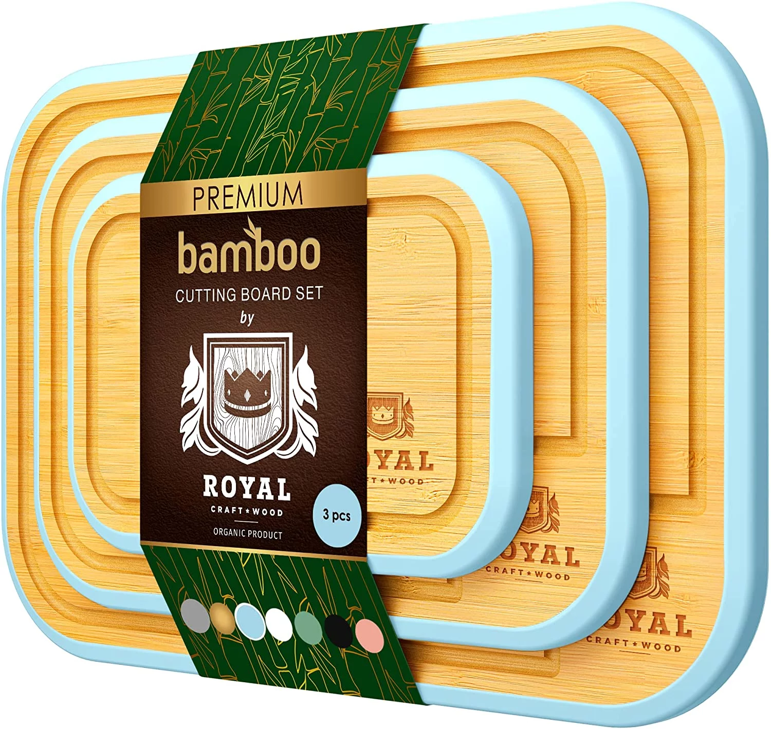 Bamboo Cutting Board with Juice Groove (3-Piece Set) - Best Kitchen Chopping Board for Meat (Butcher Block) Cheese and Vegetables (Blue)