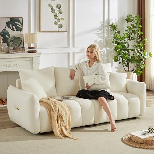 Teddy Cloud Sofa Couch, Comfy Upholstered Sherpa Deep Seat Boucle Sofa, Cozy Modern 3 Seater Couch with 3 Pillows, Oversized Loveseat for Living Room Apartment Office, Black