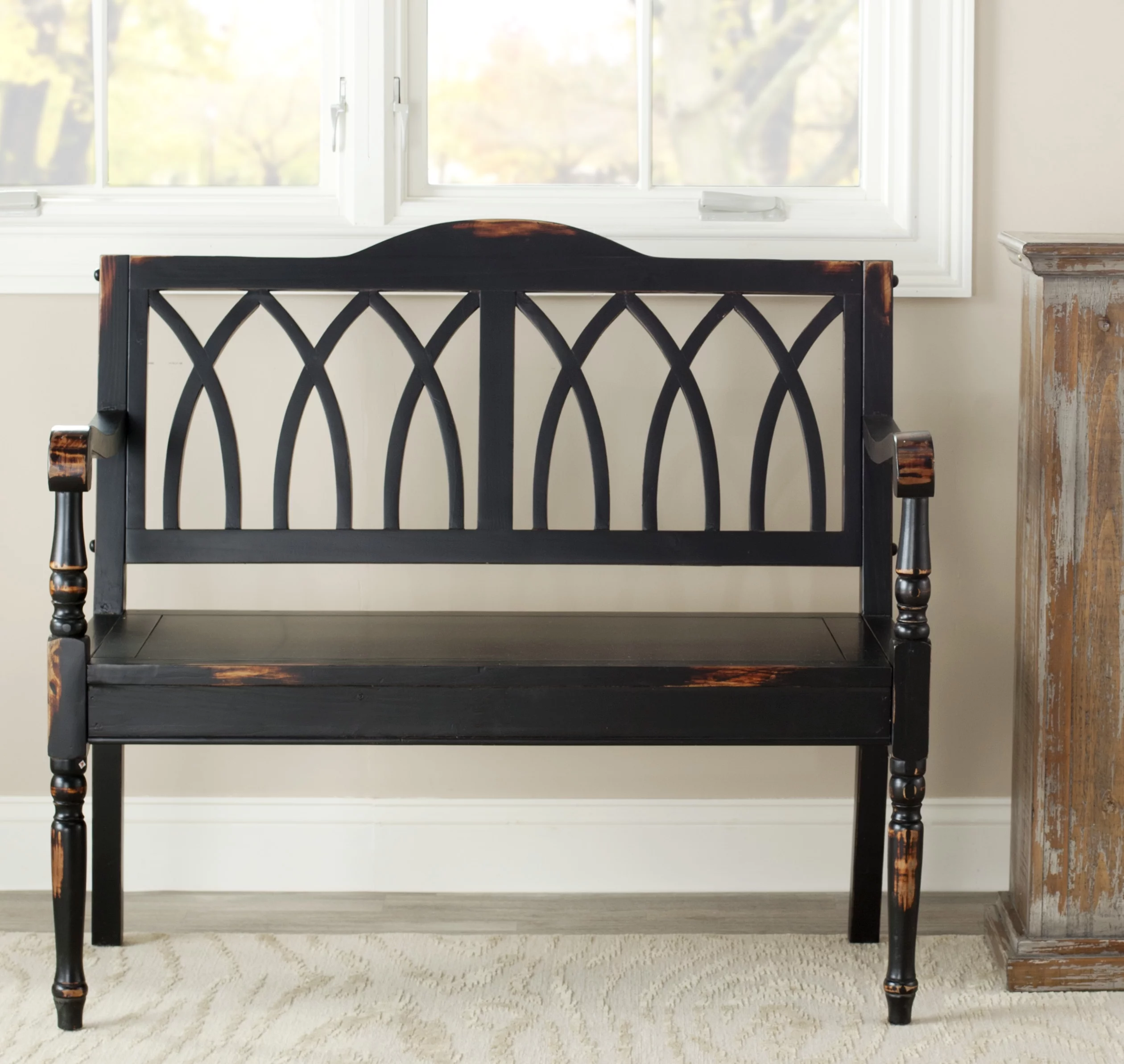 SAFAVIEH Benjamin Geometric Rustic Bench, Distressed Black