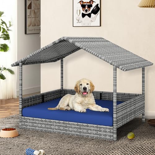 YITAHOME Large Wicker Dog House with Cushion Outdoor Indoor Rattan Doghouse Elevated Raised Dog Bed with Canopy Water Resistant Dog Cot for Small, Medium, and Large Dogs, Gray