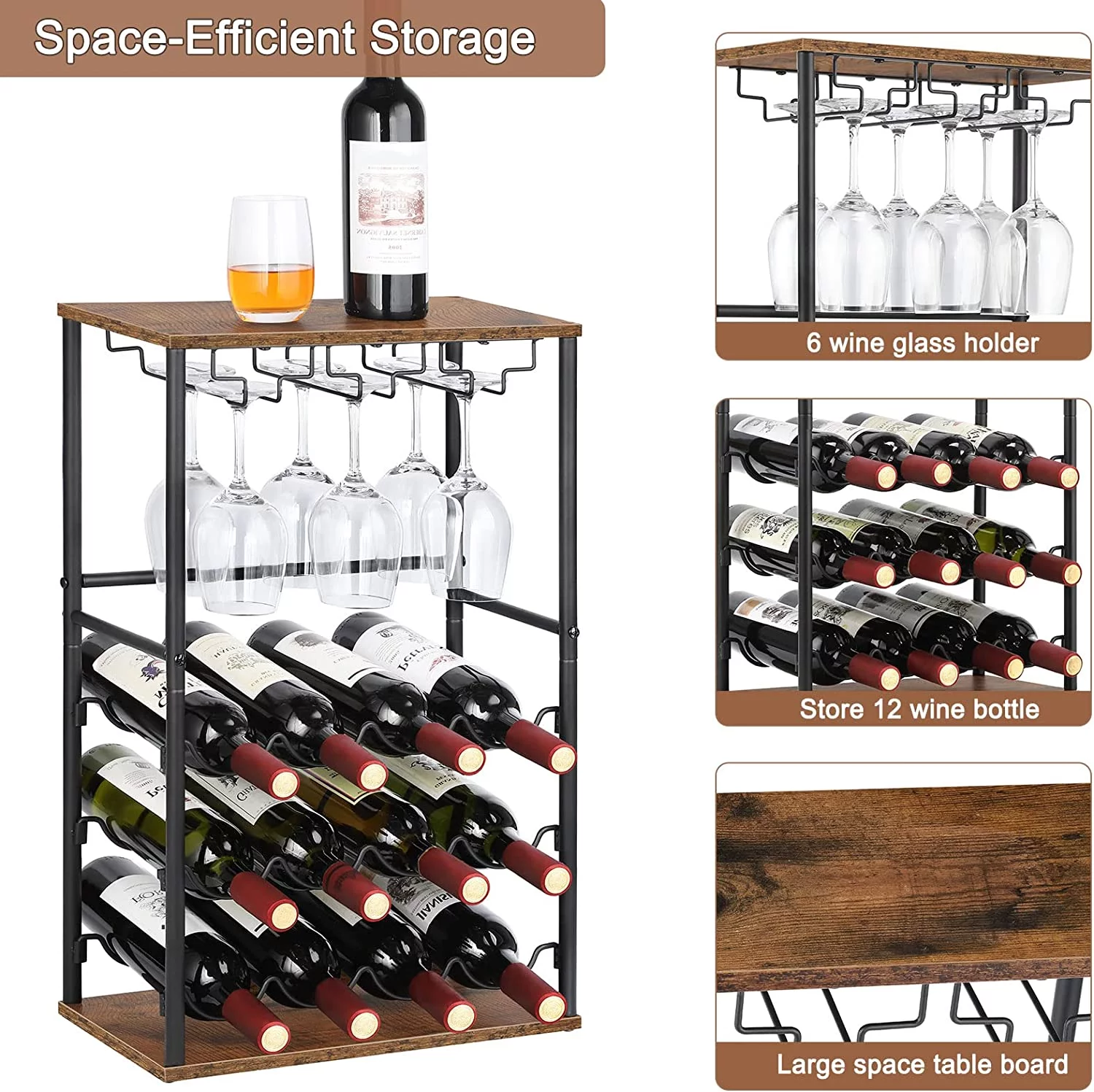 Oumilen 7.11 lb. Countertop Brown Wine Bar Rack, Holds 12 Bottles and 6 Glasses