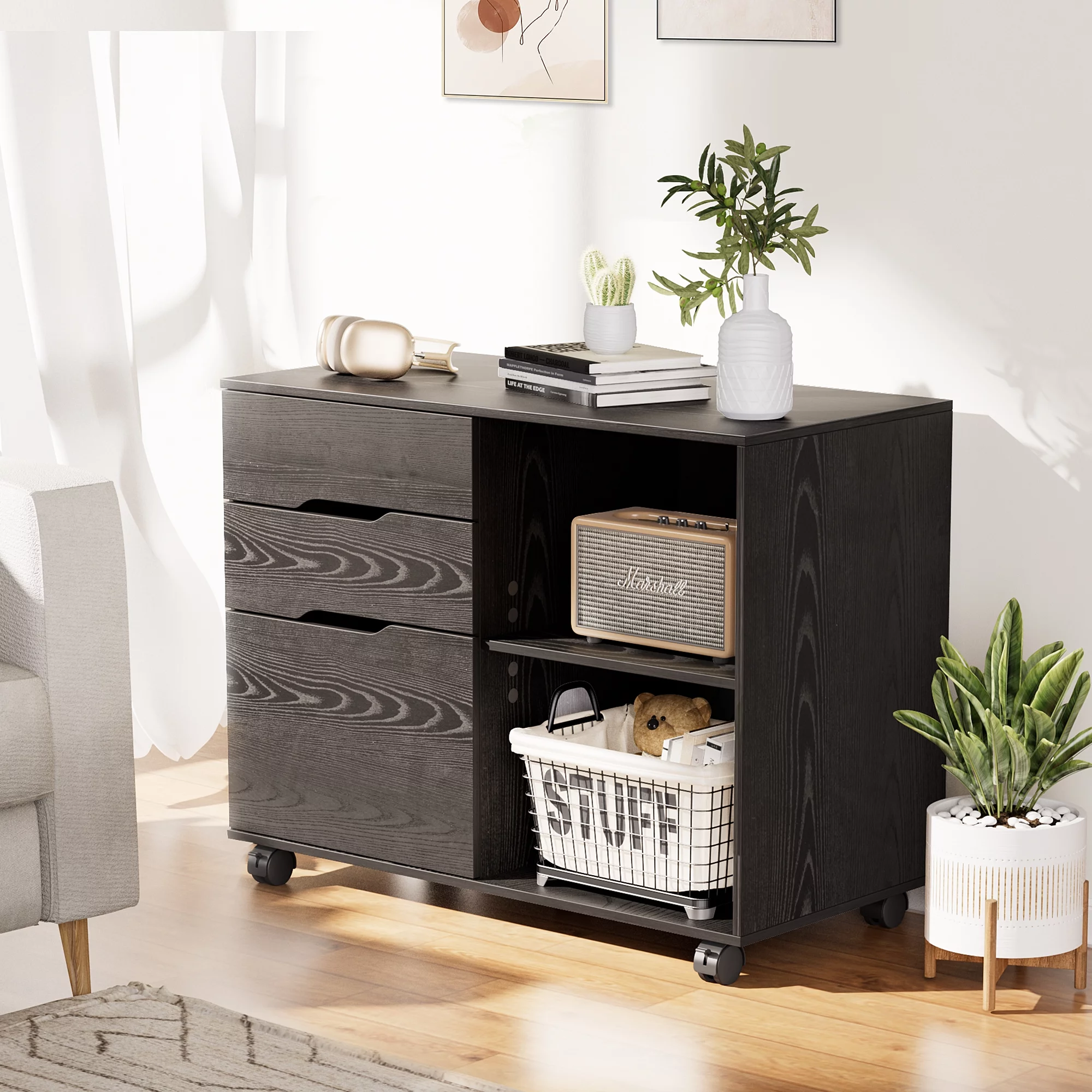 Rolling File Cabinet with Lock, 3-Drawer Wood File Cabinet for Home Office, Fits Legal/Letter/A4 Size, Printer Stand with Wheels and Open Storage Shelf, Black