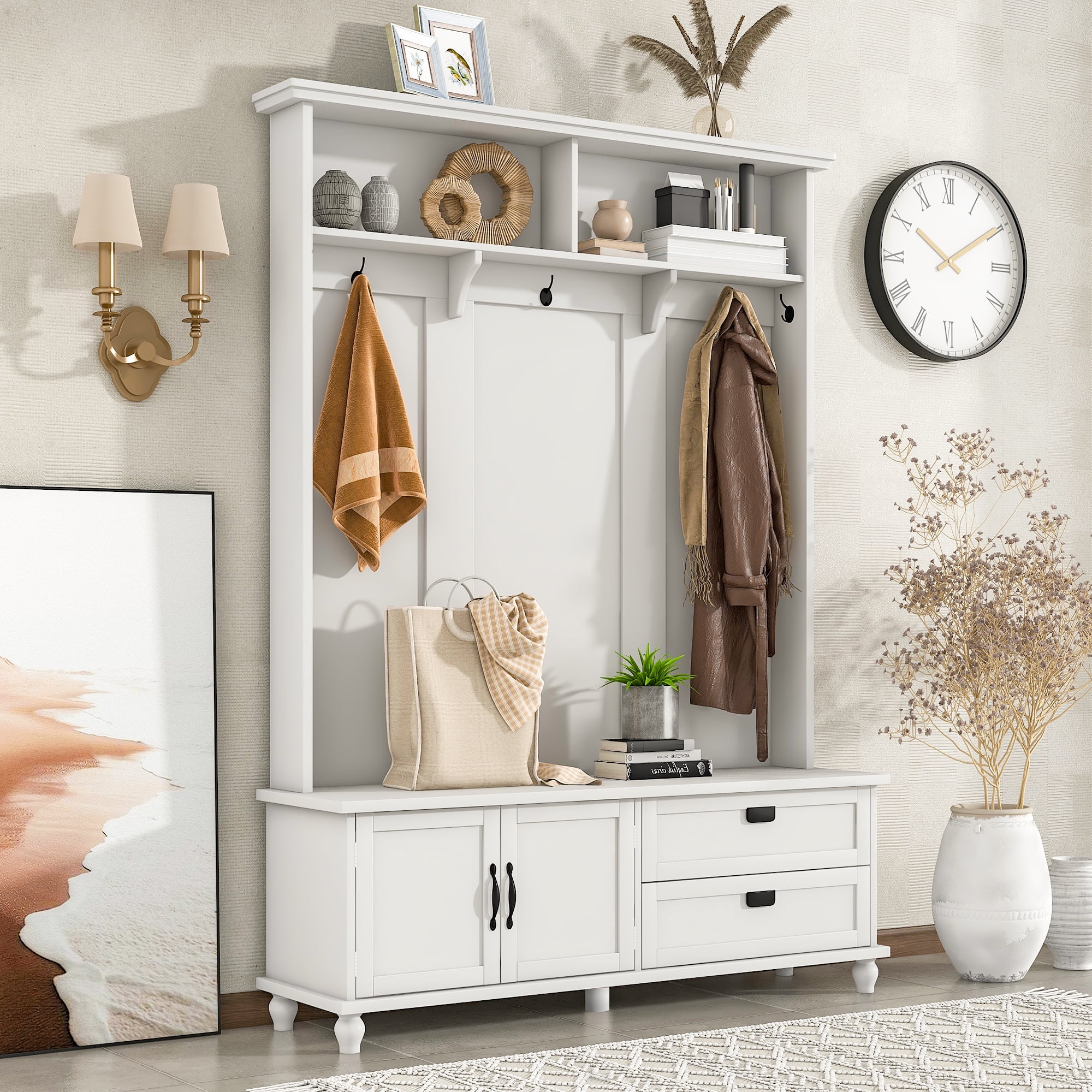 CoSoTower Modern Style Hall Tree with Storage Cabinet and 2 Large Drawers, Widen Mudroom Bench with 5 Coat Hooks, White