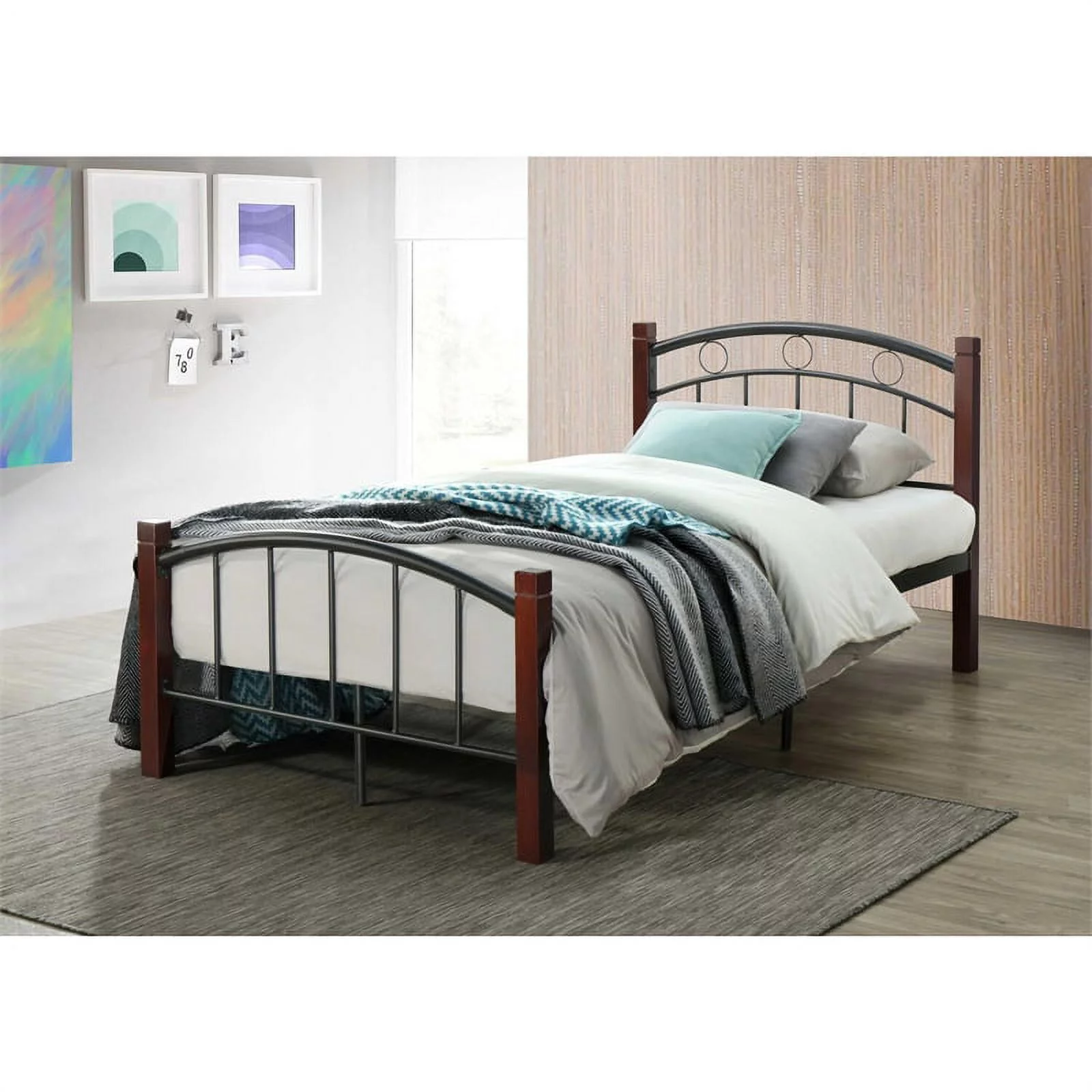 Pemberly Row Twin Metal Bed with Headboard and Footboard in Black and Mahogany