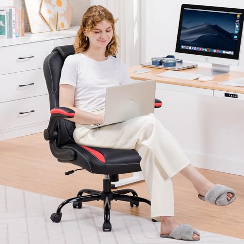GTRACING Office Computer Gaming Chair Ergonomic Desk Chair for Adults with Lumbar Support Flip-Up Arms Adjustable Height Swivel Wheels PU Leather Executive Design for Short People Use, White