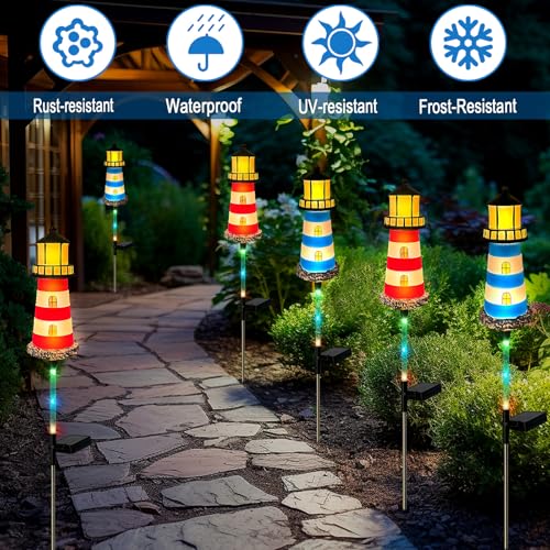 4 Pack Lighthouse Solar Lights,7 Light Color Changes,IP65 Waterproof Solar Pathway Lights for Garden,Lawn,Outdoor Lighthouse Decor(4)