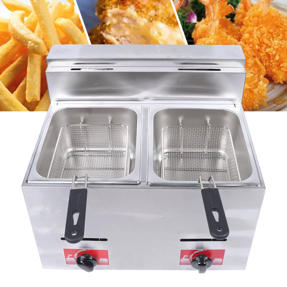 12L Stainless Steel Deep Fryer with 2 Basket and 2 Lid, Table Snack Fryer, Double Cylinder Gas Fryer, White