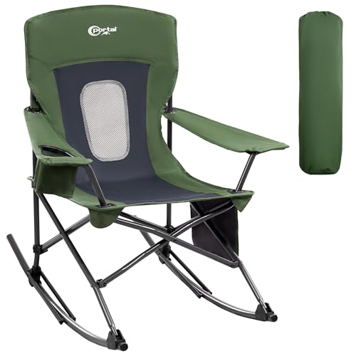 PORTAL Folding Camping Rocking Chair Portable Outdoor Rocker High Back Cup Holder Side Pocket Carry Bag Included, Support 300 lbs